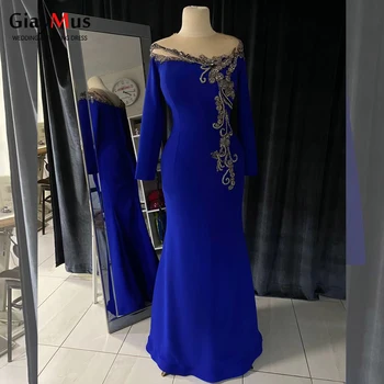Вечерние платья GiayMus из королевского синего атласа с длинным рукавом, сексуальное арабское вечернее платье из Дубая, расшитое бисером, свадебное платье для вечеринки