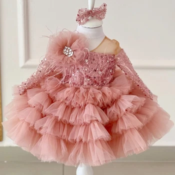 Платье с цветочным узором для девочек, милый Розовый блестящий топ, пышные бусы из пайеток с бантом, подходящие для свадебной вечеринки, платья для Первого Святого Причастия