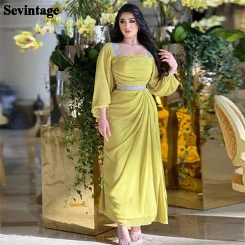 Sevintage Элегантные выпускные платья из желтого арабского шифона с квадратным воротником и длинными пышными рукавами, плиссированные вечерние платья для взрослых