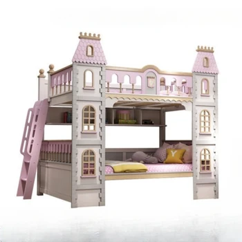 Детская кровать из цельного дерева, двуспальная кровать, высокая и низкая кровать, двухэтажный замок мечты принцессы, вилла-слайд