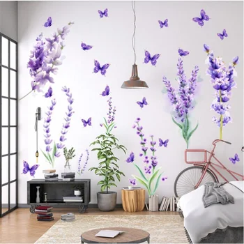 Фиолетовые наклейки с бабочками лавандового цвета, наклейки для украшения гостиной, спальни, Красивая Съемная наклейка на стену в виде цветка из ПВХ