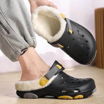 Осенне-зимние мужские короткие плюшевые тапочки из ЭВА с закрытым носком 2023, новая модная мужская обувь на платформе для помещений, повседневная домашняя хлопчатобумажная обувь