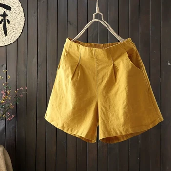 Летние женские шорты из хлопка и льна с карманами, эластичная талия сзади, повседневные короткие брюки для женщин