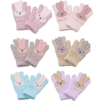Детские перчатки для девочек 4-10 лет, Вязаные зимние перчатки для мальчиков, Шерстяные перчатки с полными пальцами для маленьких девочек, милый кролик, теплые Мягкие вязаные детские перчатки