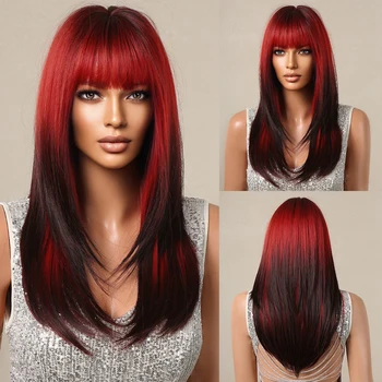 Длиннослойный синтетический парик Омбре с красными бликами, коричневый Парик из прямых натуральных волос для женщин, косплей для Африканской вечеринки, Термостойкий