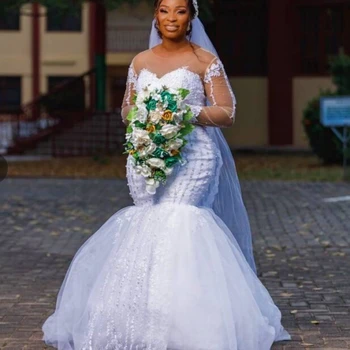 Роскошные аппликации с длинными рукавами и жемчугом Свадебное платье Африканской русалки Плюс размер свадебного платья с рыбьим хвостом