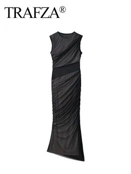 Женские винтажные асимметричные платья TRAFZA 2023, однотонные платья без рукавов с круглым вырезом, складки на молнии, летние длинные платья-футляры, модные женские туфли