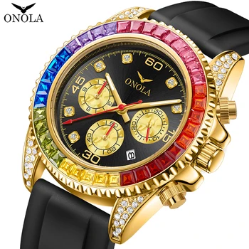 Модные Цветные бриллиантовые высококачественные мужские кварцевые часы на силиконовой ленте, водонепроницаемые часы Clock Man