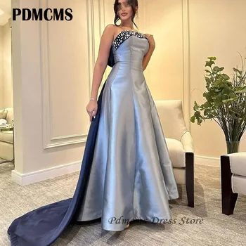 PDMCMS Элегантные пыльно-голубые атласные вечерние платья трапециевидной формы, Саудовские Арабские женщины, выпускные платья без бретелек с бусинами, вечернее платье для вечеринок в Дубае
