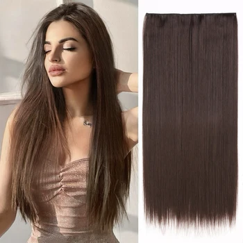 Длинные прямые волосы с 5 зажимами для наращивания Искусственные волосы из синтетического волокна Термостойкий шиньон длиной 60 см, Черная блондинка, натуральная прическа
