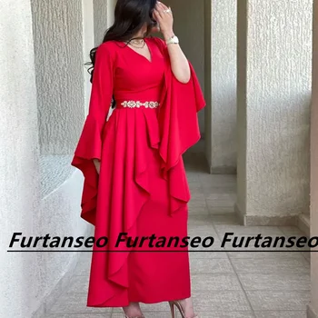 Красное вечернее платье из Саудовской Аравии, атласные рукава Poet, V-образный вырез, драпированная молния сзади, расшитый бисером пояс, пояса для официальных мероприятий, платья