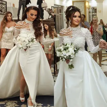 Элегантное Свадебное платье Русалки с жемчугом, кружево с высоким воротом, длинные Свадебные платья с арабским разрезом и Трубой, Вечернее платье