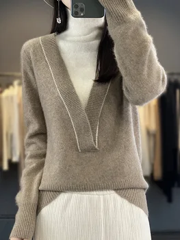 Осенне-зимний новый женский свитер из 100 мериносового кашемира с круглым вырезом и длинным рукавом, модный однотонный вязаный шерстяной пуловер.
