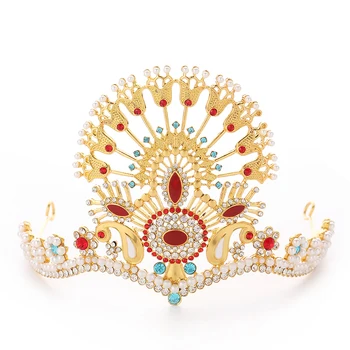 Роскошный жемчуг в арабском стиле, Корона из горного хрусталя, Выдолбленный дизайн, Красочное свадебное украшение Невесты, Ювелирная корона