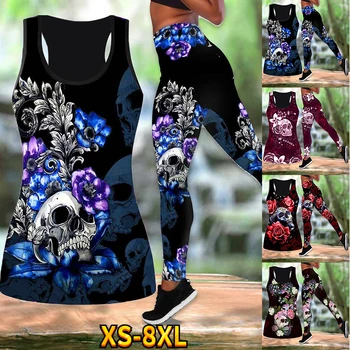 Костюм для йоги с 3D принтом Черепа и цветка, женский Сексуальный Психоделический полый жилет для загара, модные топы для девочек, одежда, костюм XS-8XL