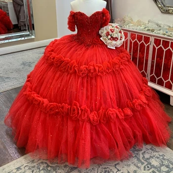 Красное Блестящее Пышное Платье В виде Сердечка С Открытыми Плечами, Кружевные Цветы, Бусы, Вечерние Платья Принцессы, Сладкое 16 Бальное Платье, Vestidos De 15Años