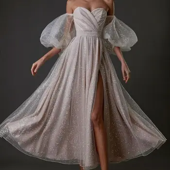 Блестящее свадебное платье в складку без бретелек, С короткими пышными рукавами, с разрезом по бокам, Очаровательное свадебное платье А-силуэта SWD861