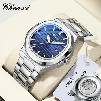 Обновленные мужские часы Chenxi 0022 с широким вторым механизмом и прозрачным нижним стальным ремешком, модный деловой календарь, кварцевые часы