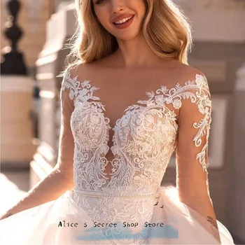 Роскошное свадебное платье А-силуэта со съемным шлейфом, V-образным вырезом, тюлевым кружевом с длинным рукавом, винтажные платья для невесты