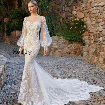 Роскошные свадебные платья цвета слоновой кости для женщин, свадебные платья русалки с длинным рукавом и кружевным шлейфом, пуговица для летнего халата 2024 года, Пуговица для вечернего платья