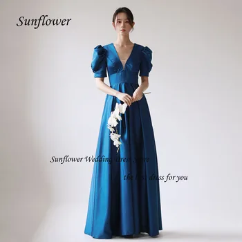 Вечернее платье Sunflower с глубоким V-образным вырезом 2023, Корейское Атласное платье для выпускного вечера Трапециевидной формы с открытой спиной, Свадебное платье в пол на шнуровке
