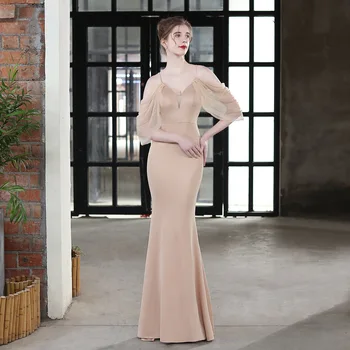 Элегантное вечернее платье цвета русалки шампанского на тонких бретельках с открытой спиной, атласные свадебные платья высокого качества в наличии