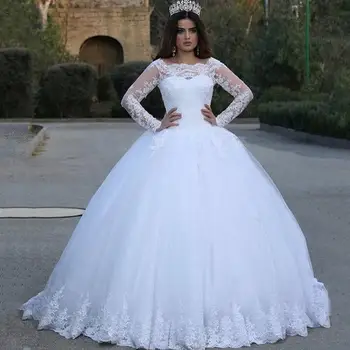 Свадебные платья с длинным рукавом, аппликации, Кружевной тюль, Вечерняя одежда больших размеров, Садовые белые свадебные платья Vestidos De Novia