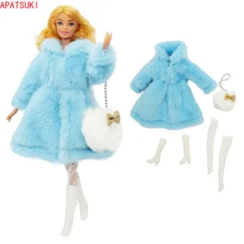 Синяя шуба из искусственного меха, комплект одежды для куклы Барби, высококачественная одежда, Носки, Сапоги, сумка, обувь для кукол Barbie 1/6, аксессуары для кукол, игрушки