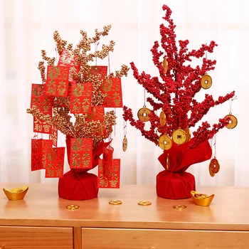 Китайский Новый Год Украшение Дерева Удачи Креативная Искусственная Красная Фруктовая Ваза В Китайском Стиле Украшение Денежного Дерева Домашний Декор Столешницы