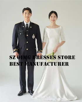 Свадебные платья OIMG Корея, Атласные платья с рюшами, вырез лодочкой, Элегантные платья для невесты в стиле русалки цвета слоновой кости, Вечернее свадебное платье