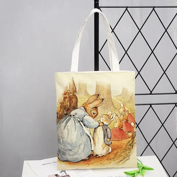 Сумка для покупок в стиле Харадзюку, женская сумка для покупок на плечо, женская холщовая сумка, женская сумка для покупок с принтом семьи милых кроликов
