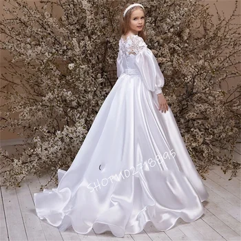 Элегантное платье с круглым вырезом и рукавами-баллонами для свадебной вечеринки, торжественного случая, платье для девочки в цветочек