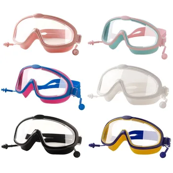 Детские очки для плавания для девочек и мальчиков в большой оправе, водонепроницаемые, противотуманные, HD Прозрачные, для студентов, детские очки для плавания с затычкой для ушей