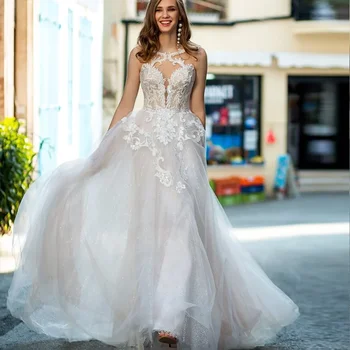Классическое свадебное платье трапециевидной формы с V-образным вырезом, без рукавов, с кружевной аппликацией и жемчугом, женское свадебное платье в богемном стиле, Vestidos de novia