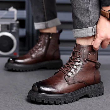 Мужские кожаные ботинки на шнуровке, модная мужская дизайнерская обувь в британском стиле, осенние мужские повседневные кроссовки, высокие мужские уличные ботильоны