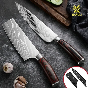 Поварской нож BAKULI из нержавеющей стали, высокой твердости, лазерная резьба, нескользящая деревянная ручка, кухонный нож, разделка для мяса