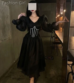 Элегантное вечернее платье с V-образным вырезом и пышными рукавами, женское черное вечернее платье для выпускного вечера, А-силуэта, настраиваемые арабские платья для официальных мероприятий