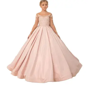 Розовая атласная аппликация, длинный рукав, длина до пола, платье с цветочным узором для свадьбы, принцессы, причастия, празднования Дня рождения, вечерние платья