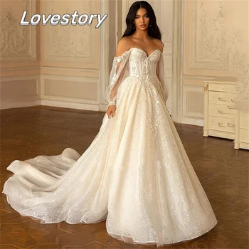 Роскошные свадебные платья трапециевидной формы с искрящимся блеском, платье невесты с рукавом три четверти, свадебное платье принцессы с открытыми плечами, Vestidos De Noiva