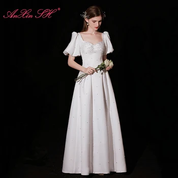 Белое атласное вечернее платье принцессы AnXin SH, винтажное, расшитое бисером и жемчугом, с большим бантом, с пышными рукавами, маленькое белое платье невесты