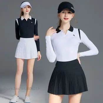 Женские солнцезащитные рубашки для гольфа SG с длинными рукавами, топы из ледяного шелка, комплекты плиссированных юбок для гольфа, футболки с V-образным вырезом, женские спортивные шорты