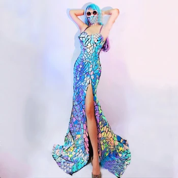 Фиолетово-голубое зеркальное платье, сексуальные вечерние платья со шлейфом, платье для празднования дня рождения, женское вечернее платье для выпускного вечера, костюм XS5532