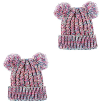 Детская вязаная шапка для девочек, зимняя шапка с двумя помпонами, сохраняющая тепло, вязаная шапка для детей (11)