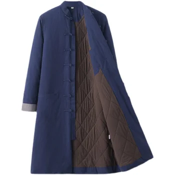 Традиционное Китайское Платье Для Мужчин, Униформа Удан Тайцзи, Длинный костюм Тан, Зимняя куртка с хлопковой подкладкой, пальто с пряжкой из хлопка и льна