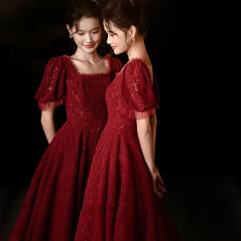 Элегантное вечернее платье принцессы Ципао бордового цвета, банкетное платье с длинной кружевной отделкой, праздничное свадебное бальное платье Чонсам