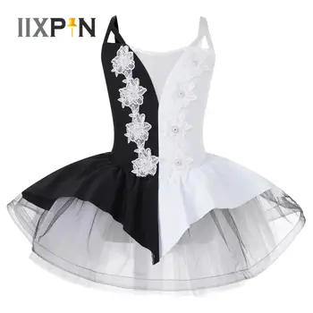 Балетное платье-пачка для девочек, блестящее платье-трико без рукавов с цветочным рисунком, контрастное сетчатое платье для танцев, костюмы для гимнастических выступлений