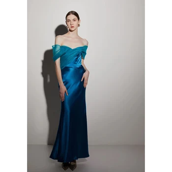 Синее контрастное вечернее платье с открытыми плечами 2023, Новое элегантное модное женское вечернее платье высокого класса, сшитое на заказ для официальных случаев