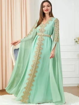 Марокканское Мусульманское шифоновое зеленое вечернее платье для выпускного вечера 2024, женское вечернее платье с длинным рукавом и V-образным вырезом с золотой кружевной аппликацией, Дубайское вечернее платье