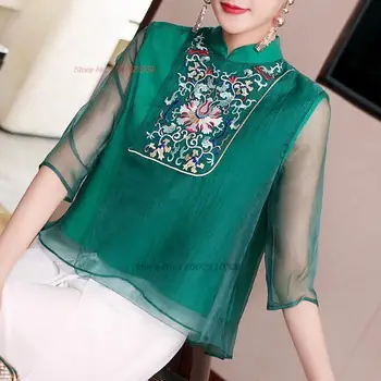 2024 китайская винтажная блузка улучшенные топы чонсам с восточной цветочной вышивкой шифоновая блузка этнический костюм эпохи тан китайский ципао