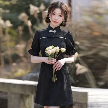 Винтажное Восточное Женское Ципао, расшитое черным бисером, в китайском стиле, Тонкое Чонсам, ретро Сексуальное мини-платье Vestidos